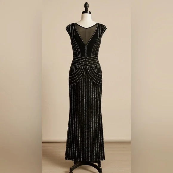 Parker Black Fully Beaded Art Deco Evening Gown Mesh Illusion Maxi Dress Size 4 - Picture 2 of 14